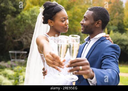 Happy african american bride and groom toasting with champagne smiling at each other in sunny garden Stock Photo
