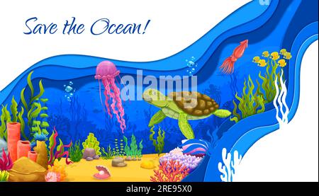 Cartoon tropical fish shoal, seaweeds and corals in sea paper cut ...