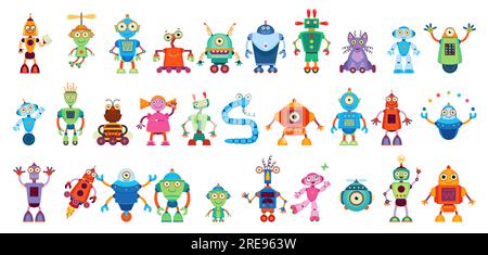 Cartoon robot droid characters, android cyborgs and robotic transformers, vector toys. Funny retro robots and mechanic droids and electronic bots with cute faces on wheels with display faces Stock Vector