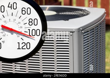 Outdoor thermometer in sun with air conditioner. Hot weather, HVAC maintenance, and home energy savings concept. Stock Photo