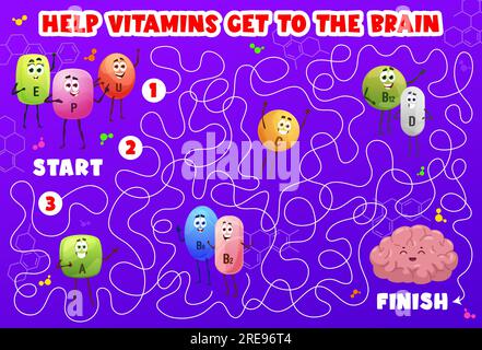 Labyrinth maze game. Cartoon vitamin and micronutrient characters. Child labyrinth playing activity, maze game vector worksheet with human brain, E, P, U and B12, A, C vitamin pills cute personages Stock Vector