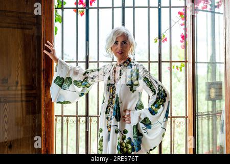 Positive senior female with gray hair and looking at camera while standing and touching iron gate in daylight Stock Photo