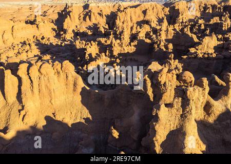 Top view of picturesque drone view of unusual shaped rock pinnacles in Goblin Valley State Park Stock Photo