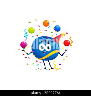 Cartoon blueberry character on birthday holiday, vector funny berry with balloons. Cute blueberry at birthday party celebration juggling balls with confetti in birthday cap and ribbon Stock Vector