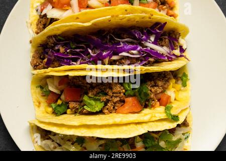 Overhead close-up of tacos made with meat and vegetables served in plate Stock Photo