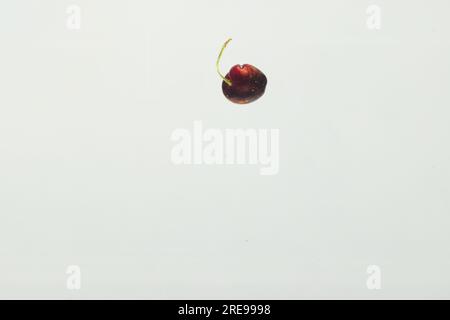 Close up of cherry falling into water with copy space on white background Stock Photo