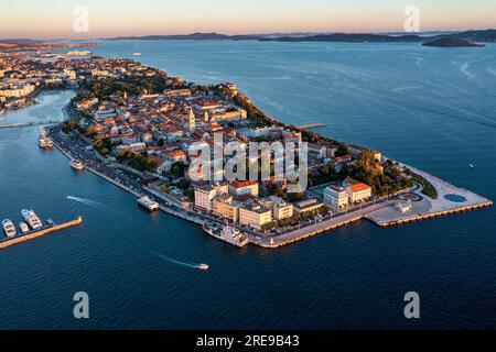 Aerial view of the Old Town of Zadar, Croatia. Aerial shot of Zadar old town, famous tourist attraction in Croatia. City of Zadar historic peninsula r Stock Photo