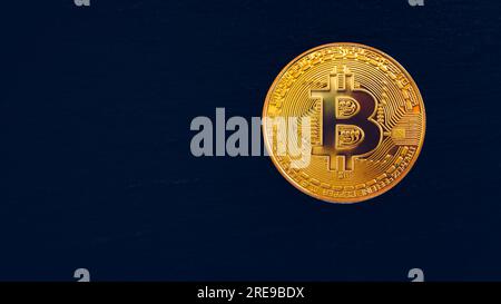 Crypto currency golden coin with bitcoin symbol on isolated on black background. Bitcoin Coin on black background. Bitcoin cryptocurrency.  Cryptocurr Stock Photo