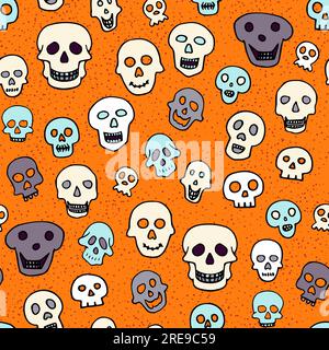 Doodle Halloween sculls seamless pattern. Skeleton on orange texture background. Hand-drawn scary cranium. Mystical sketch character. Vector illustrat Stock Vector