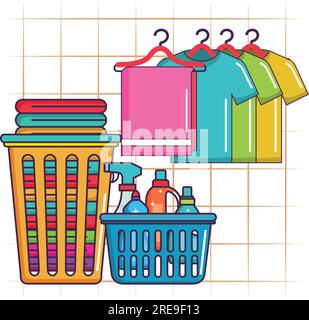a picture illustration of a laundry basket with clothes and a basket with cleaning products Stock Vector