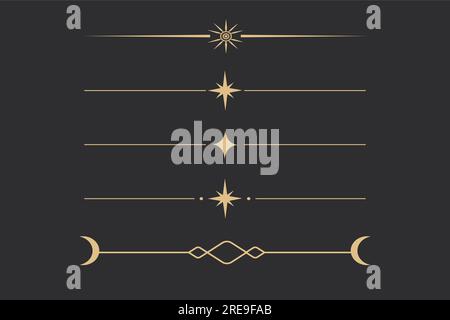 Celestistial border, esoteric dovider line art with sparkles, stars and moon gold colored isolated on dark background. Vector illustration Stock Vector
