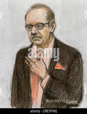 Court artist drawing by Elizabeth Cook of actor Kevin Spacey thanks the jury after he was found not guilty of sexually assaulting four men at Southwark Crown Court, London. Picture date: Wednesday July 26, 2023. Stock Photo