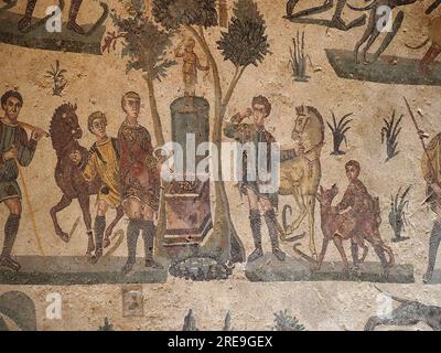 Mosaic in the Room of the Small Hunt, Villa Romana del Casale, Sicily, depicts a sacrifice to the goddess Diana. Stock Photo