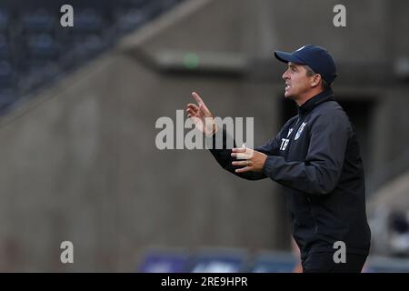 Swansea, UK. 25th July, 2023. Joey Barton, the manager of Bristol Rovers looks on. Pre-season friendly match, Swansea city v Bristol Rovers at the Swansea.com Stadium in Swansea, Wales on Tuesday 25th July 2023. this image may only be used for Editorial purposes. Editorial use only, pic by Andrew Orchard/Andrew Orchard sports photography/Alamy Live news Credit: Andrew Orchard sports photography/Alamy Live News Stock Photo