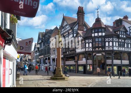 Chester Cross is a medieval stone cross in the centre of the city, set at The meeting of four major Streets.  Chester City Centre, Cheshire, England. Stock Photo