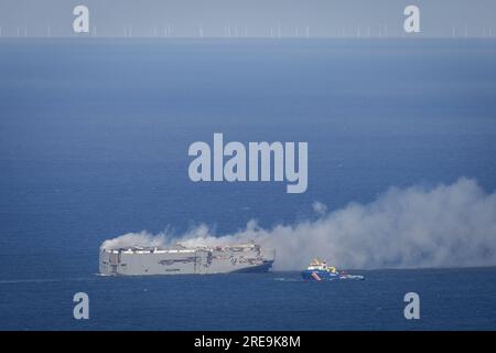 NORTH SEA - The Fremantle Highway on fire in the North Sea above Ameland. The fire on the cargo ship north of Ameland could last days or maybe even weeks, as well as possible salvaging. ANP JAN SPOELSTRA netherlands out - belgium out Stock Photo