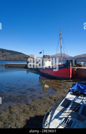 Pier, harbour at Inveraray, Looking east across Loch Fyne. Historic, famour 'Puffer' Vital Spark,  Inveraray,  Argyll and Bute; Scotland, UK Stock Photo