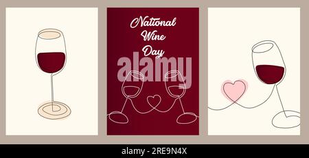 Poster with wine glasses in line art style, one solid line. Modern design. National Wine Day. Holiday concept, logo. Template for background, banner, Stock Vector