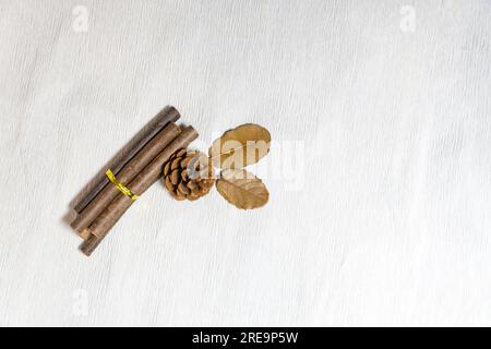 The piece of wood on mulberry paper background. Copy space for text and pictures. Stock Photo