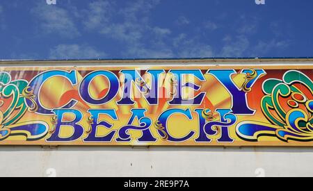 Porthcawl, Bridgend, Wales - June 19 2023: Plans to close Coney Beach amusement park are approved to make way for luxury housing. The bright art work Stock Photo