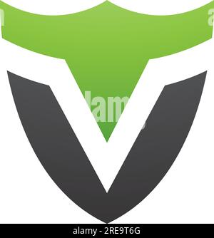 Green and Black Shield Shaped Letter V Icon on a White Background Stock Vector