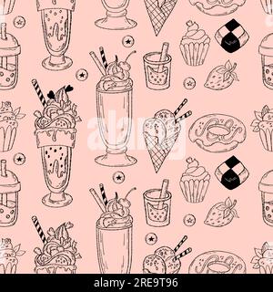 Sweet desserts seamless pattern. Sweet food, creamy dessert, smoothies, donut, cakes, ice cream and strawberry. Vector illustration. Hand drawn for de Stock Vector