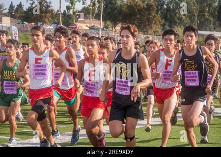 September 8, 2017: Multiracial teenage boys start a cross country foot race at a high school track meet in Laguna Hills, CA. Note identification numbers. (Credit Image: © Spencer Grant/ZUMA Press Wire) EDITORIAL USAGE ONLY! Not for Commercial USAGE! Stock Photo