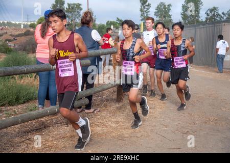 September 9, 2017: Multiracial teenage boys run a cross country foot race at a high school track meet in Laguna Hills, CA. Note identification numbers. (Credit Image: © Spencer Grant/ZUMA Press Wire) EDITORIAL USAGE ONLY! Not for Commercial USAGE! Stock Photo