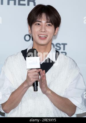 Seoul, South Korea. 26th July, 2023. South Korean singer Taehyun, (Kang Tae-hyun), photocall for the Disney  'TOMORROW X TOGETHER: OUR LOST SUMMER' documentary premiere at CGV Cinema in Seoul, South Korea on July 26, 2023. (Photo by Lee Young-ho/Sipa USA) Credit: Sipa USA/Alamy Live News Stock Photo