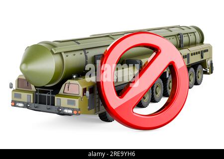 Scud missile, mobile short-range ballistic missile system with prohibition sign. 3D rendering isolated on white background Stock Photo