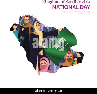 Saudi National Day,  Arab women were holding a Saudi flag. A young Arab girl waves the Saudi flag on Saudi National Day. Stock Vector