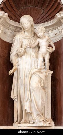 NAPLES, ITALY - APRIL 21, 2023: The marble statue of Madonna the church Chiesa di Sant'Anna dei Lombardi by Girolamo Santacroce (1524). Stock Photo