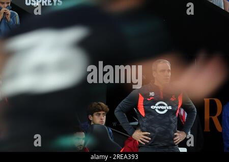 Swansea, UK. 25th July, 2023. Michael Duff, the head coach of Swansea City looks on . Pre-season friendly match, Swansea city v Bristol Rovers at the Swansea.com Stadium in Swansea, Wales on Tuesday 25th July 2023. this image may only be used for Editorial purposes. Editorial use only, pic by Andrew Orchard/Andrew Orchard sports photography/Alamy Live news Credit: Andrew Orchard sports photography/Alamy Live News Stock Photo