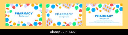 Set of pharmacy backgrounds. Pills and drugs design. Medicine flat vector illustration Stock Vector