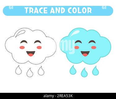 Trace and color cute little cloud with raindrops. Worksheet for kids Stock Vector