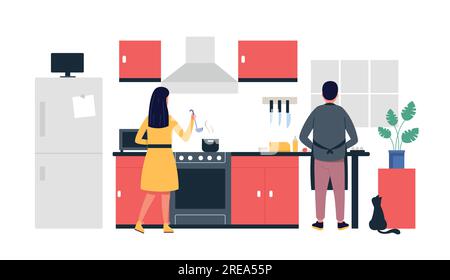 People cooking at home. Husband and wife preparing food in kitchen together. Woman making soup on stove Stock Vector