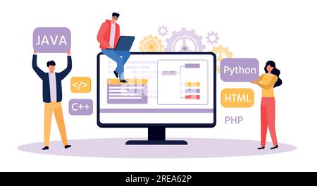 Programmer and designer developing website. Software developer writing python, java, html code. Man working on laptop Stock Vector