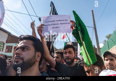 A Kashmiri Shia Muslim man hold a placard denouncing the burning of Islamic holy book Quran in Sweden during a procession on the 7th day of Muharram in Srinagar. Muharram is the first month of the Islamic calendar. It is one of the holiest months in the Islamic calendar. Shia Muslims commemorate Muharram as a month of mourning in remembrance of the Martyrdom of Islamic Prophet Muhammad's grandson Imam Hussain, who was Martyred on Ashura (10th day of Muharram) in the battle of Karbala in 680 A.D. (Photo by Idrees Abbas/SOPA Images/Sipa USA) Stock Photo