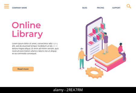 Web library online education landing pages. Man choosing book in tablet. Shelves full of textbooks, man character Stock Vector