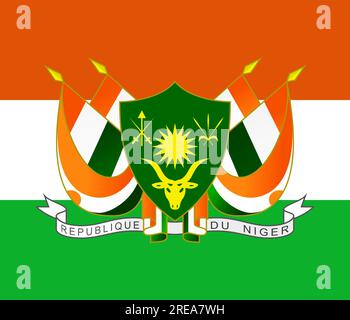 The official current flag and coat of arms of the Republic of Niger. State flag of Niger. Illustration. Stock Photo