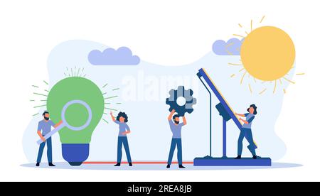 Eco energy vector alternative ecology illustration clean environment. Power solar renewable nature panel with people. Electric Earth sun business tech Stock Vector