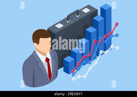 Isometric Businessman analyst working with digital finance. Data and key performance indicators for business intelligence analytics Stock Vector