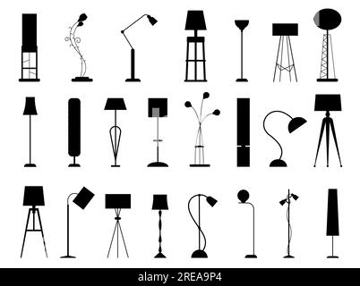 Floor lamp silhouettes. Modern light furniture, office and home decorative light, tall lamps and floor lamps detail. Vector isolated set Stock Vector