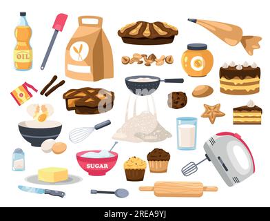 Baked food and ingredients. Cartoon sweet master class, dough doughnuts, cookie dough, cake and pastry baking tools. Vector isolated set Stock Vector
