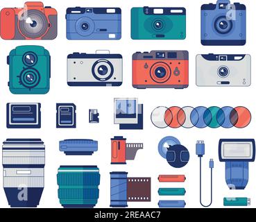 Camera and accessories. Camera equipment tripod and filters, dslr with lens and flash, photography camera accessories flat style. Vector set Stock Vector