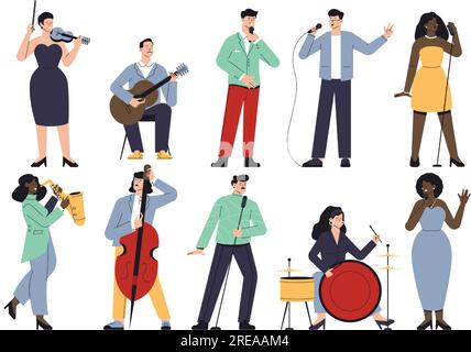 Singers and musicians characters. Cartoon musicians and band members, jazz and rock musicians playing instruments and performing. Vector set Stock Vector