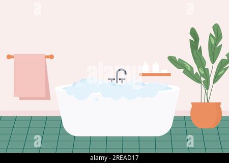 modern bathroom interior; bathtube with soap foam and  shelve with cosmetics, faucet, towel hanger,  houseplant - vector illustration Stock Vector