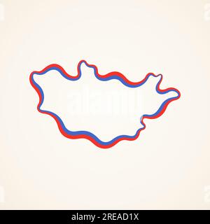 Outline map of Mongolia marked with ribbon in colors from the flag. Stock Vector