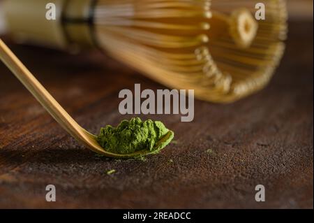 Japanese tools and bowls for brewing matcha tea, selective focus