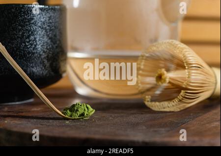 Japanese tools and bowls for brewing matcha tea, selective focus